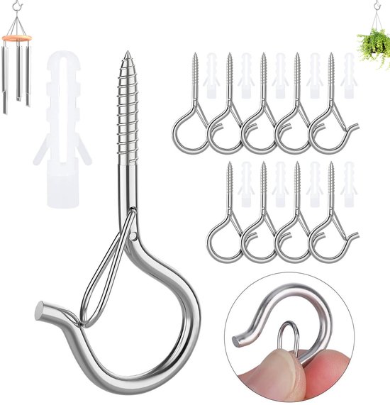 10-teiliges Set Q-förmiger Decken- Und Becherhaken Aus Edelstahl Mit Sicherheitsverschluss Für Lichterketten Und Pflanzen – Silber