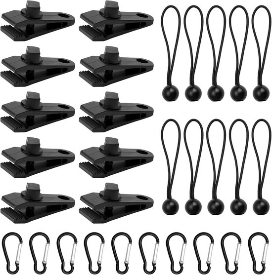 30-teiliges Set Wasserdichter Stoffclips: 10 Clips, 10 Zeltschnüre, 10 Karabiner, Schwarz.