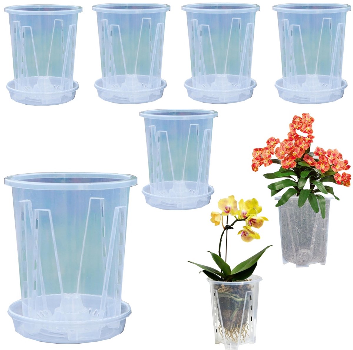 6er-set Blumentöpfe – Pflanztöpfe – Spezielle Orchideentöpfe – Hydroponiktöpfe – Mit Abflusslöchern – Inklusive Untersetzer – Für Grünlilien, Orchideen,
