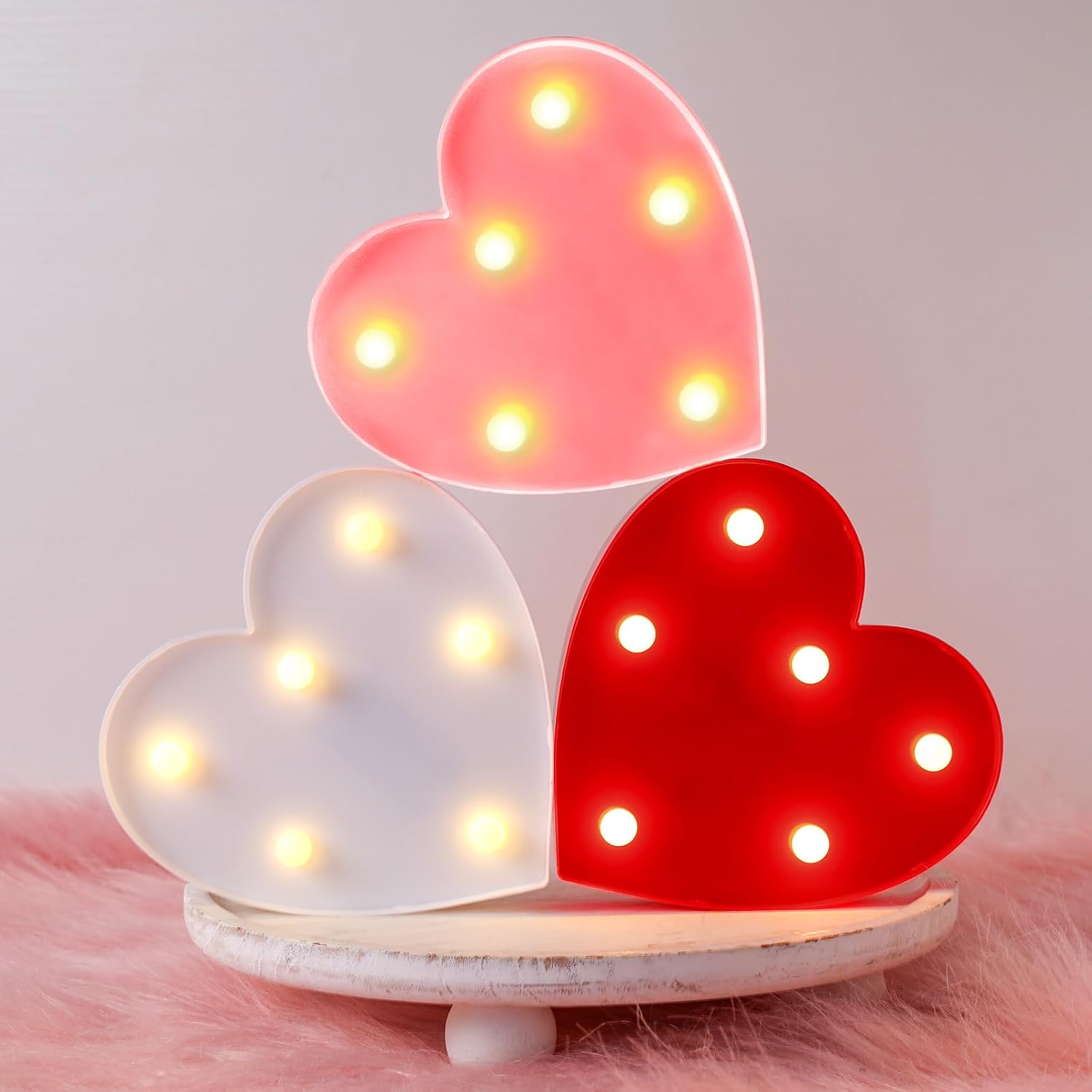 3-teiliges Set Led-herzleuchten Aus Kunststoff Zum Valentinstag, Batteriebetrieben, Für Hochzeiten, Geburtstage, Familienfeiern, Als Wanddekoration, In Rot, Rosa Und Weiß.