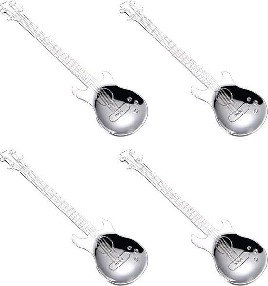 4-teiliges Dessert- Und Kaffeelöffel-set Aus Edelstahl Mit Dekorativen Noten- Und Gitarrenmotiven, Ideal Zum Umrühren Von Tee, Milch, Kaffee, Desserts Und Milchshakes.