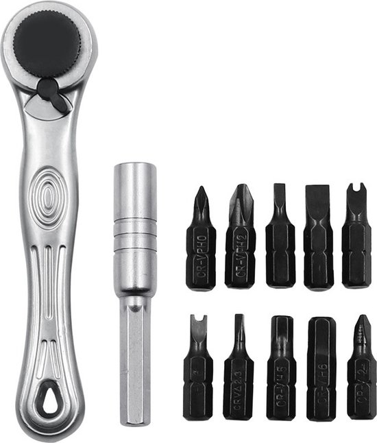 1/4-zoll-ratschenschlüsselsatz – 12-teiliges Set – Kompakter Ratschenschraubendreher – Inklusive 11 Bits