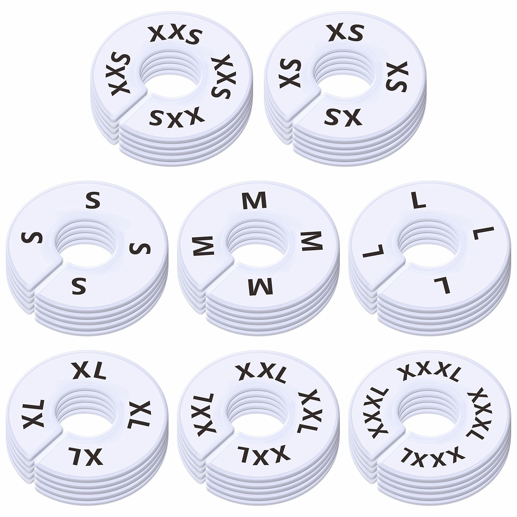 Set Mit 40 Runden, Weißen Kunststoff-kleidergrößen, Schrankregalteilern, Vorbedruckt In 8 Größen Xxs, Xs, S, M, L, Xl, Xxl, Xxxl (3,5 Zoll Außendurchmesser, 1,38 Zoll Innendurchmesser)