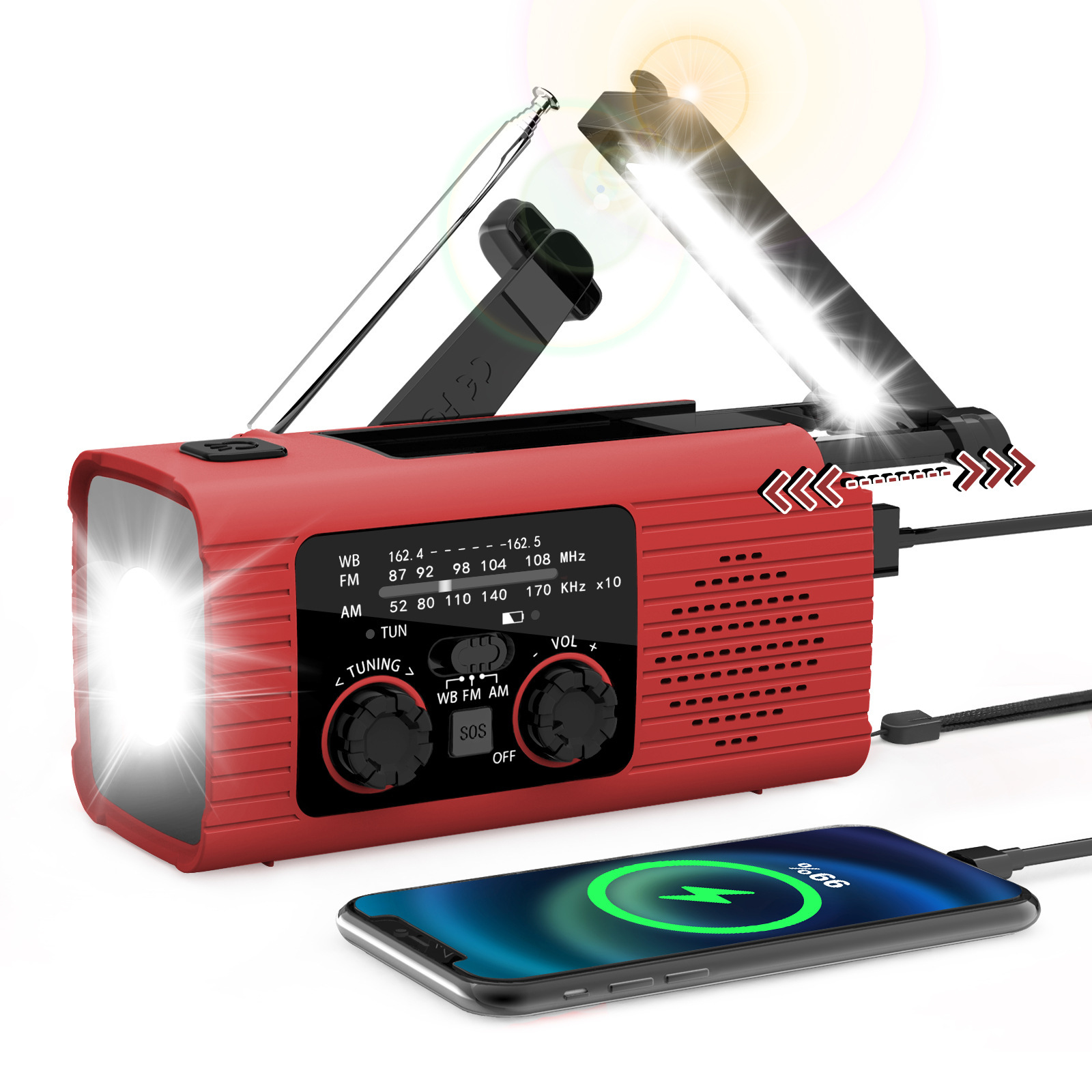 Notradio – Solarbetrieben – Manuell Bedienbares Fm/am-radio – 2000 Mah – Ausgestattet Mit Einem Handy-ladegerät – Led-taschenlampe