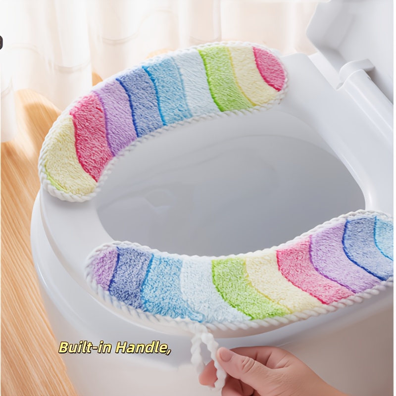 Wc-sitzbezug Aus Regenbogenkorallenfleece, Vierpunktbefestigung, Weißer Rand, Tragegriff, Universalmodell.