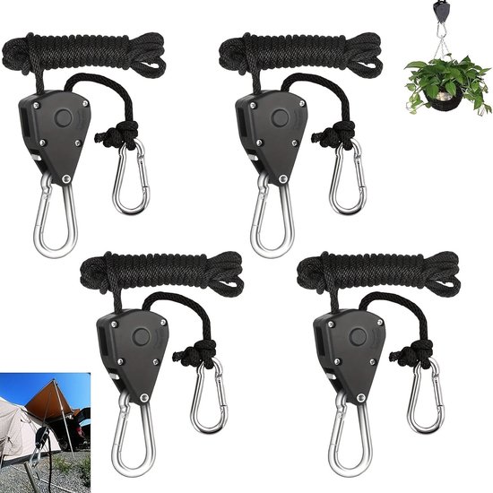 4-teiliger Ratschenaufhänger, Verstellbar, Seillänge 165 Cm – Geeignet Für Zelte, Camping, Pflanzen, Ventilatoren, Beleuchtung – Schwarz