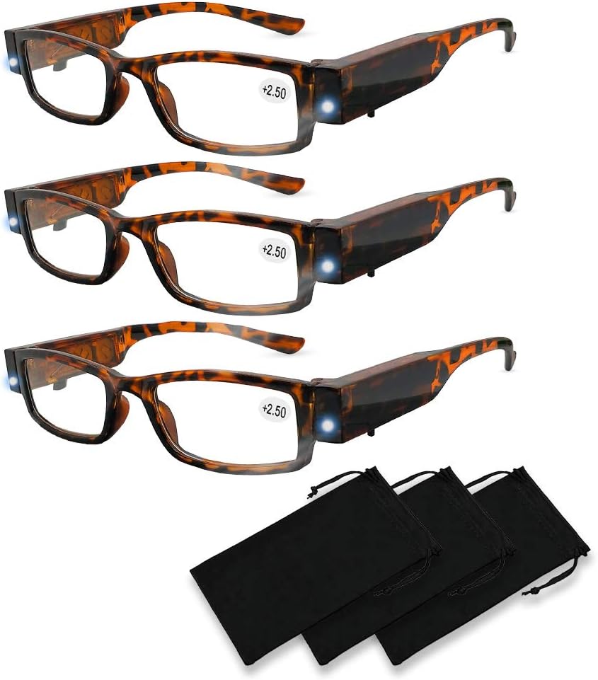 Lesebrille Mit Integrierter Led-beleuchtung Und Vergrößerungsglas – Für Damen Und Herren – Klare Sicht Beim Lesen – 250 % Vergrößerung – Farbmuster