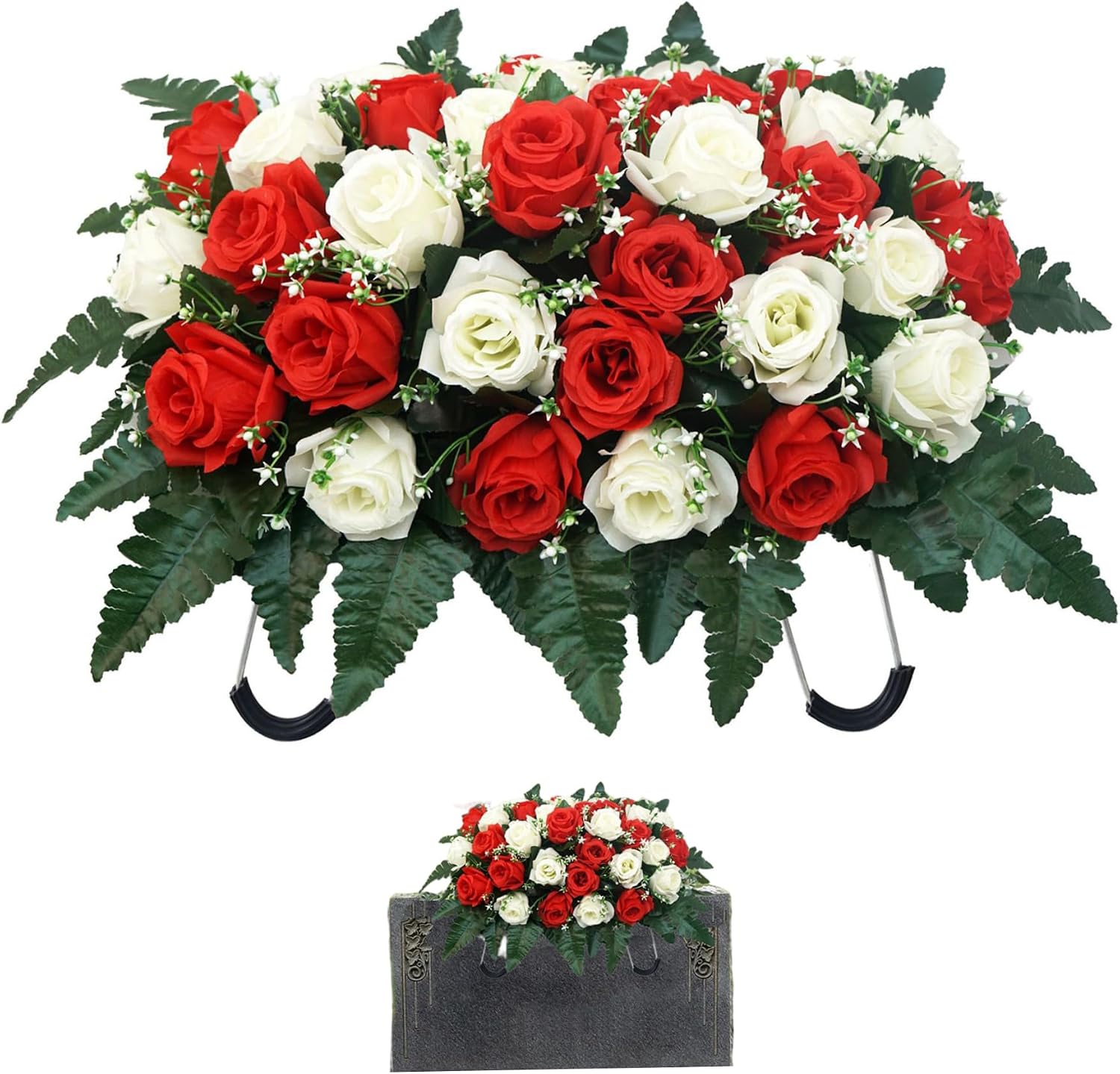 Grabkranz, Künstlicher Rosenkranz, Mit Verstellbarem Metallständer, Wetterfeste Friedhofsdekoration – Weiß + Rot