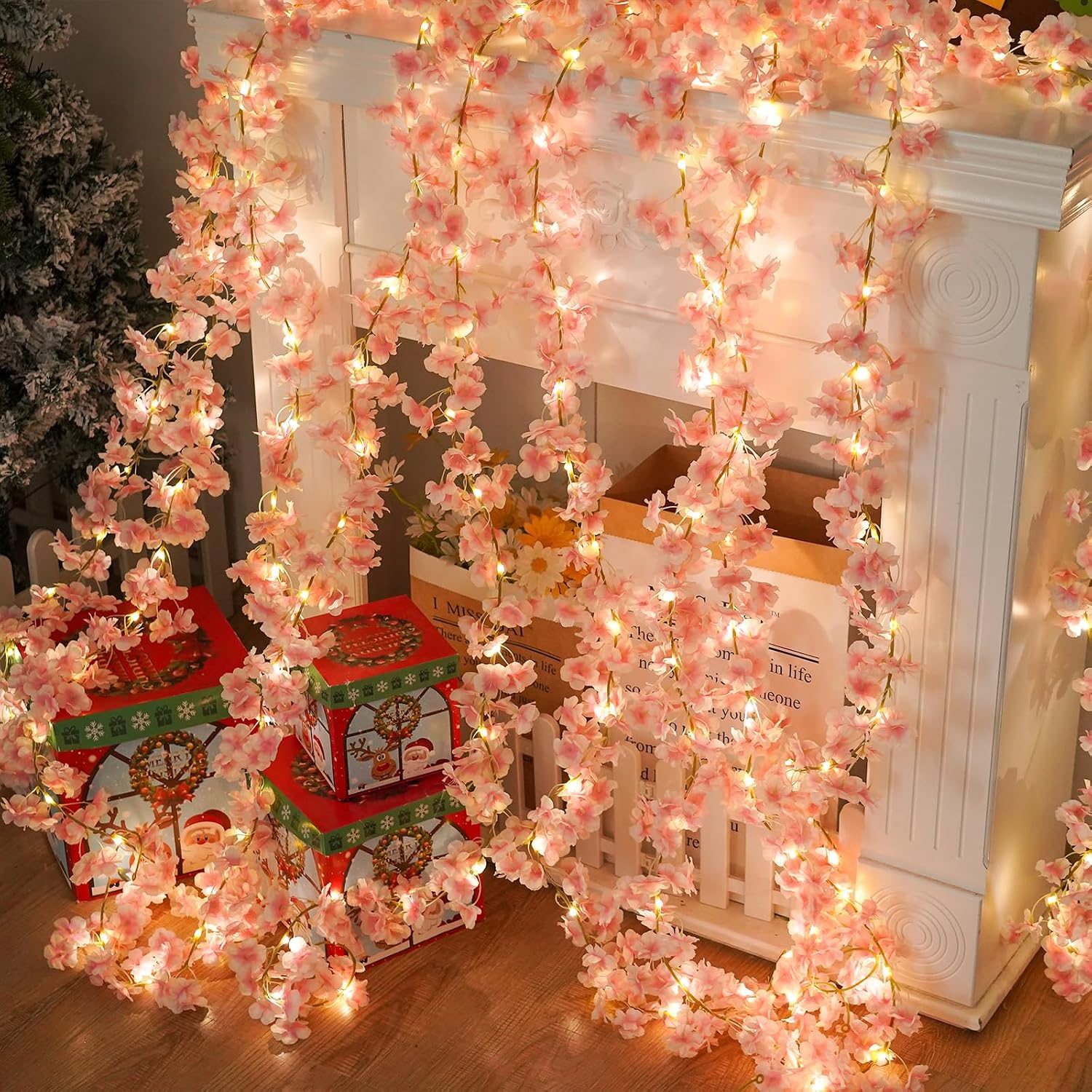 2 Stück – 4,9 M Lange Lichterkette Mit Kirschblüten – Künstliche Blumen – 50 Leds – Seidenblumengirlande – Rosa – Zum Aufhängen – 2-teilig