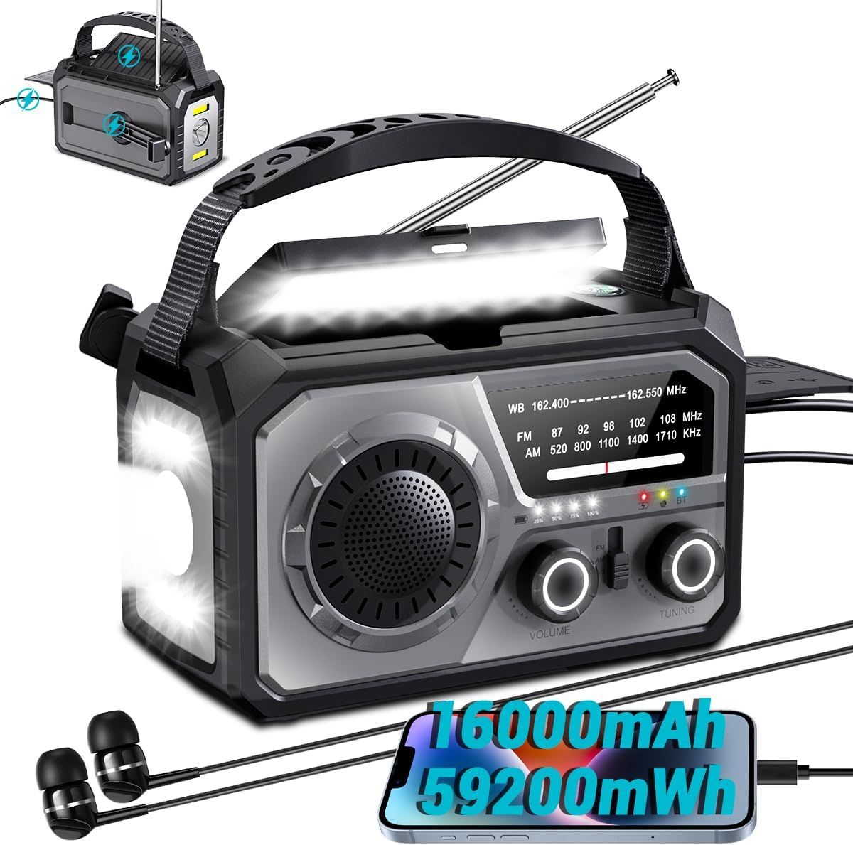 16000 Mah Solar-notfallradio – Drahtloses Noaa Am/fm-wetterradio – Usb- Und C/c-ladeanschluss – 3 Lichtmodi – Sos-alarm – 16000 M