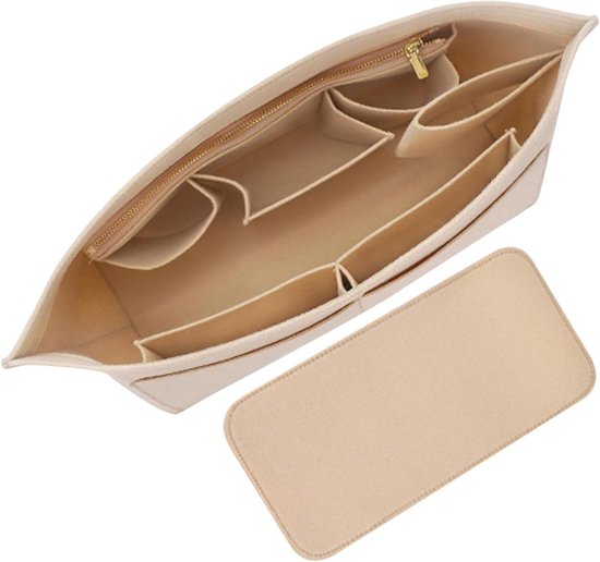 2-teiliger Handtaschenorganizer Aus Filz Mit Boden, Beige Gefüttert, Innentaschen Und Reißverschlusstaschen, Für Damenhandtaschen.