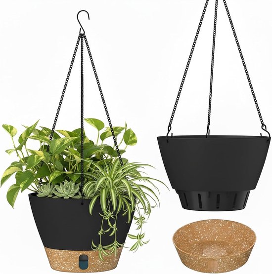 96. 25 Cm Hängender Topf, 10-zoll-zierpflanzgefäß Mit Wasserschale Und Untersetzer, Dunkelgrau.