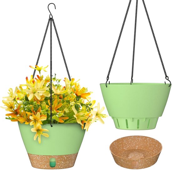 97. 25 Cm Hängepflanzgefäß, Gartendekoration Mit Wasserstandsanzeige Und Herausnehmbarer Untertasse, Grün.