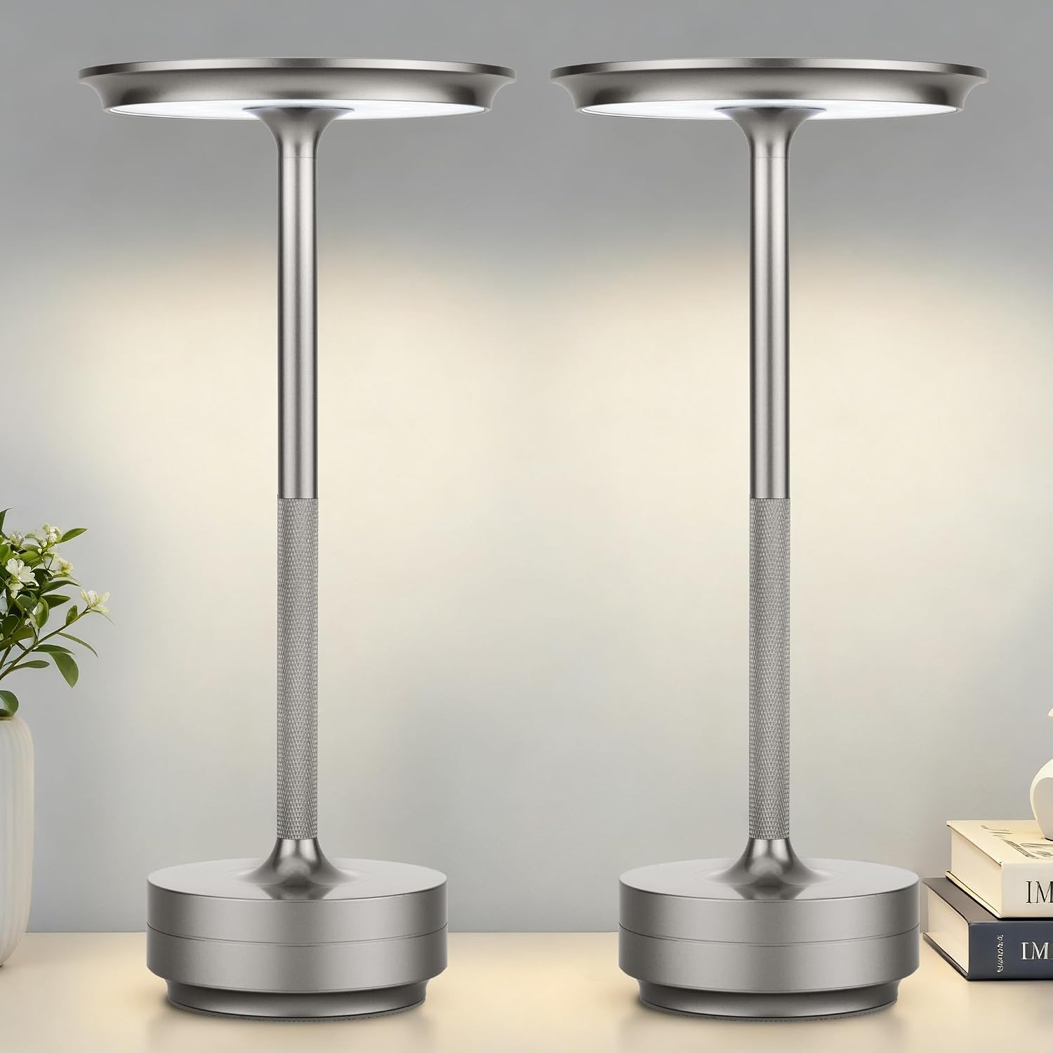 2-teilige, Wiederaufladbare, Kabellose Schreibtischlampe – Led, Dimmfunktion Per Berührung, Tragbare Metall-außenleuchte – Silber