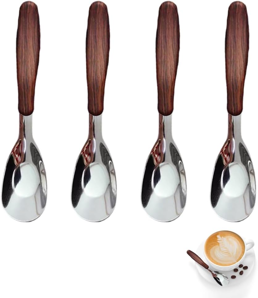 4-teiliges Set – Retro-teelöffel Aus Holz – Edelstahl – Braune Griffe – Hochglanzpoliert – Für Küche, Haushalt Und Restaurant