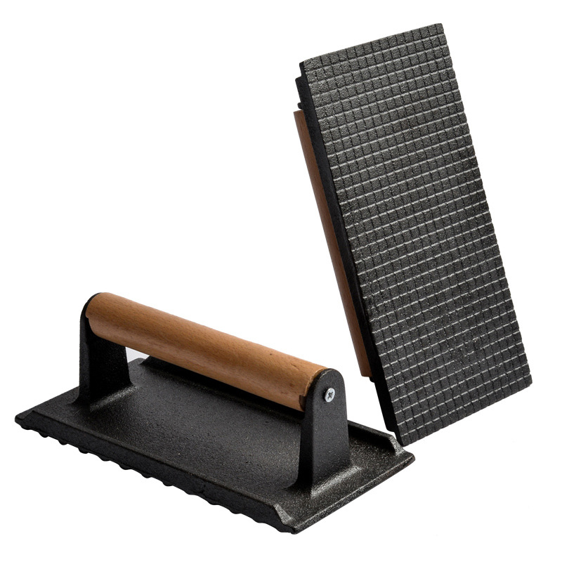 Steakpresse Aus Gusseisen Mit Antihaftbeschichtung, Flache Speckgrillpresse Mit Holzgriff, Grillzubehör Für Grillplatten