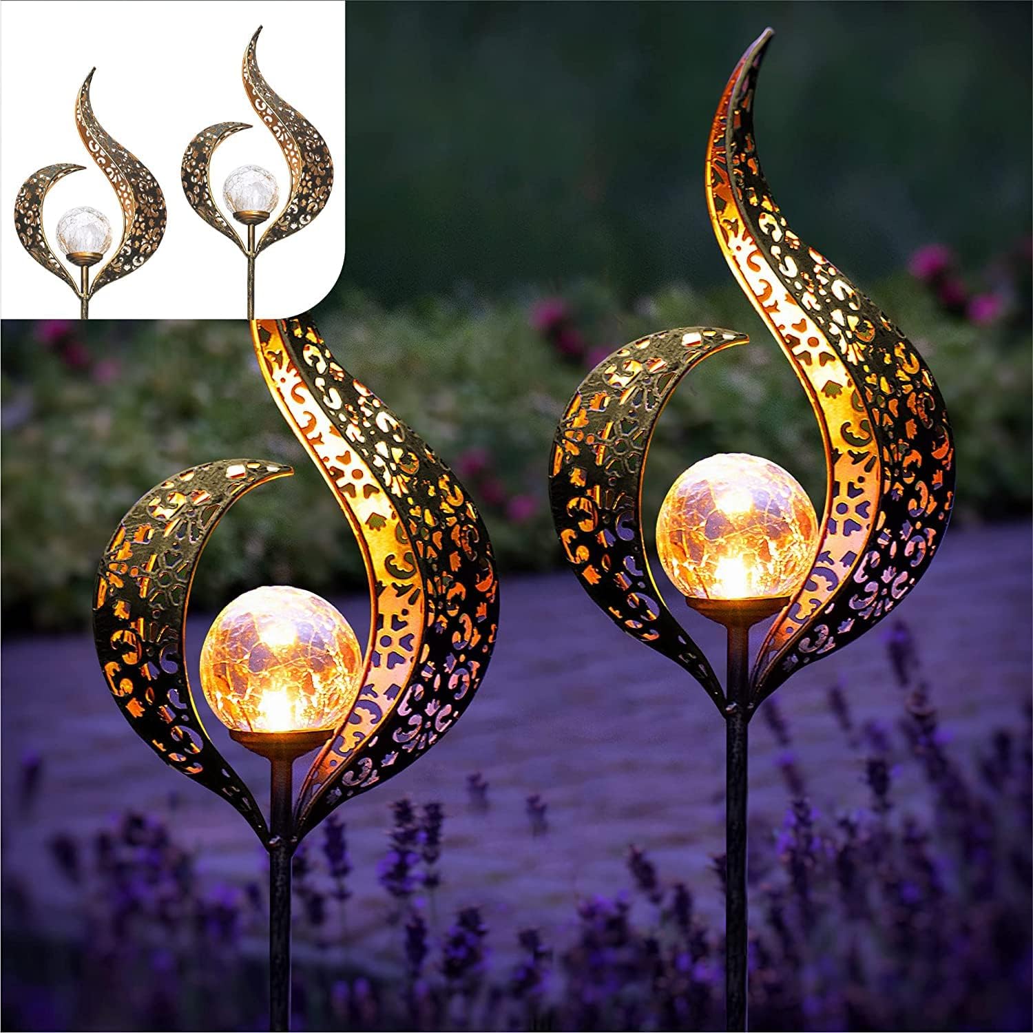 Set Mit 2 Solar-flammenleuchten Für Den Außenbereich, Led-beleuchtung Mit Glaskugel, Garten- Und Wegdekoration, Solarleuchten Aus Metall Für Den Außenbereich