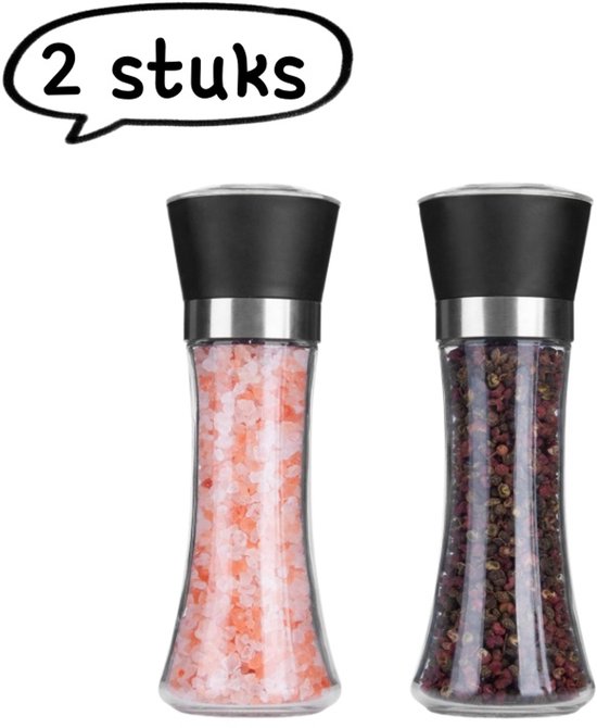 2-teiliges Manuelles Pfeffer- Und Salzmühlen-set – Edelstahl 304, Keramikkern, Glasbehälter – Hoch – Schwarz/weiß