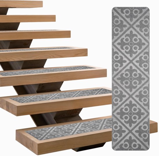 15er-packung 20x76cm Quadratische, Graue, Selbstklebende, Waschbare Und Rutschfeste Treppenstufenmatten Aus Tpr Mit Blumenmuster