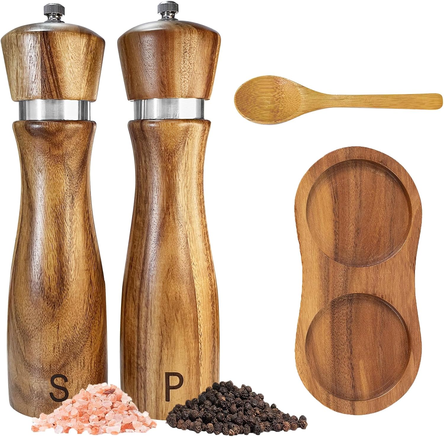 2-teiliges Pfeffer- Und Salzmühlen-set – 20 Cm (8 Zoll) Aus Akazienholz – Verstellbar – Mit Schale Und Löffel – Mahlgrad Einstellbar