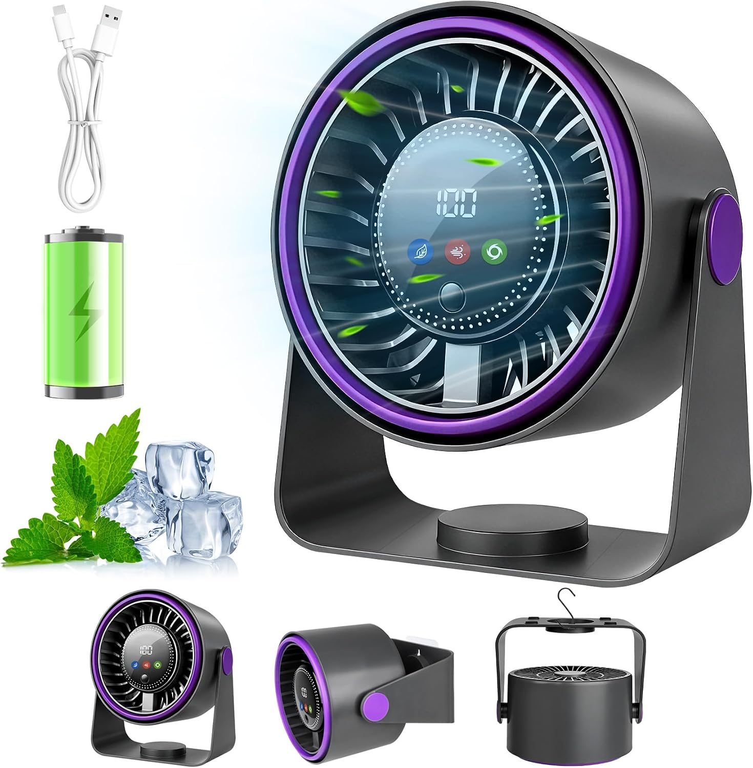 3-in-1 Tragbarer Ventilator, Büro, Camping, Tischventilator, Für Zuhause, Usb-miniventilator, 360° Drehbar, 5000mah Akku, Leiser Tischventilator Und Für Den Einsatz Im Freien.