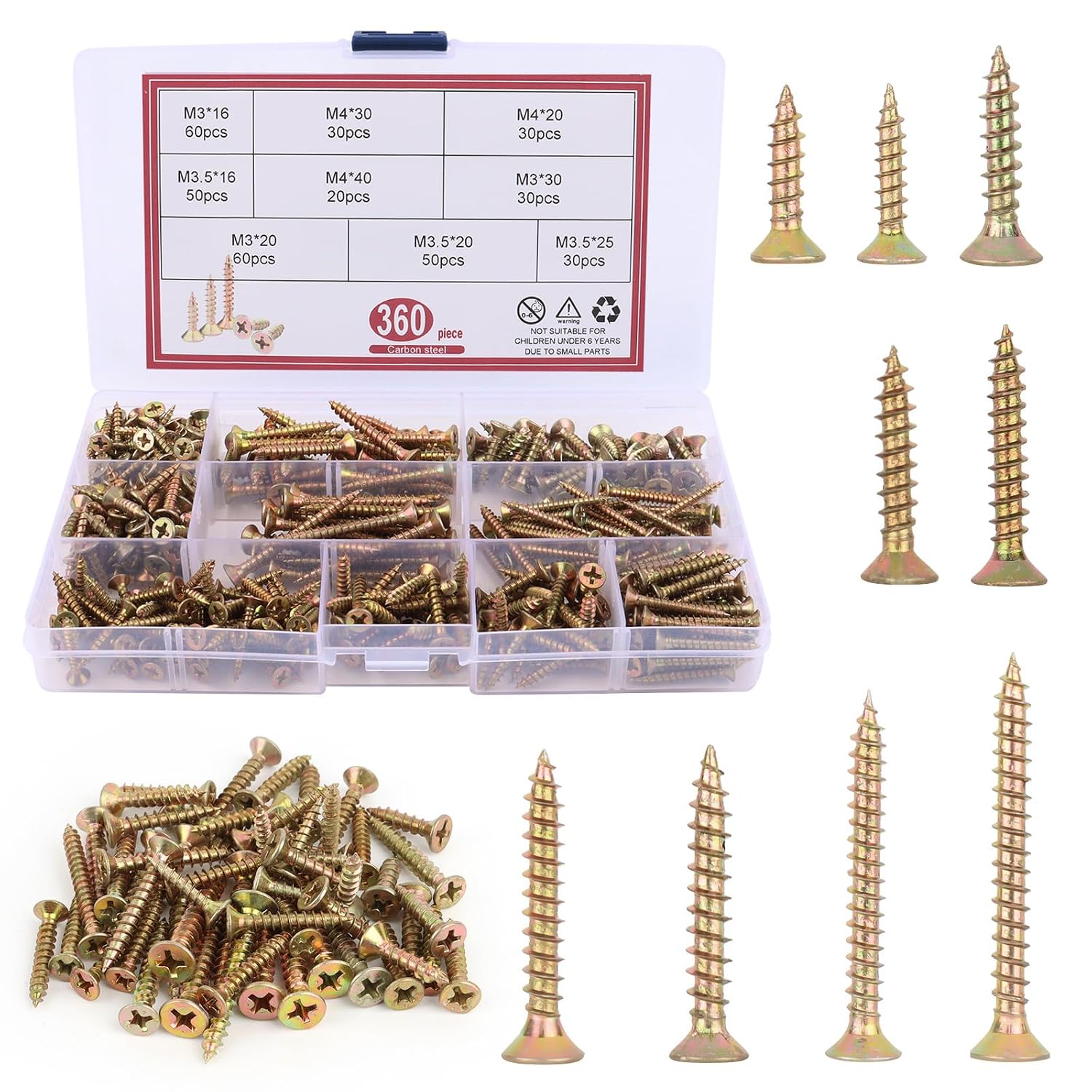 Holzschrauben-sortiment, 360-teilig, Selbstschneidende Holzschrauben, Senkkopf M3/m3,5/m4, Senkkopf-set