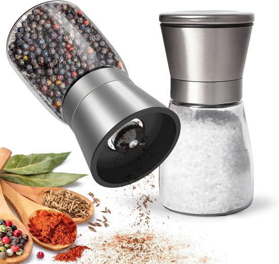 2-teiliges Salz- Und Pfeffermühlen-set Aus Edelstahl, Verstellbares Manuelles Mahlwerk Mit Keramikkern