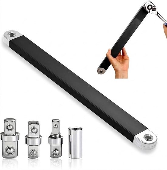 Schwarzer, Professioneller, Abgewinkelter Verlängerungsschlüssel Mit Ratschen- Und Flachkopfanschluss Sowie 1/2-, 1/4- Und 3/8-zoll-adapter