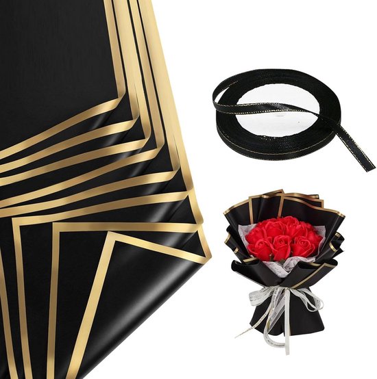 20 Blatt Geschenkpapier Und Schleifenband In Schwarz Und Gold – Wasserfestes Geschenkpapier Mit Blattdekor