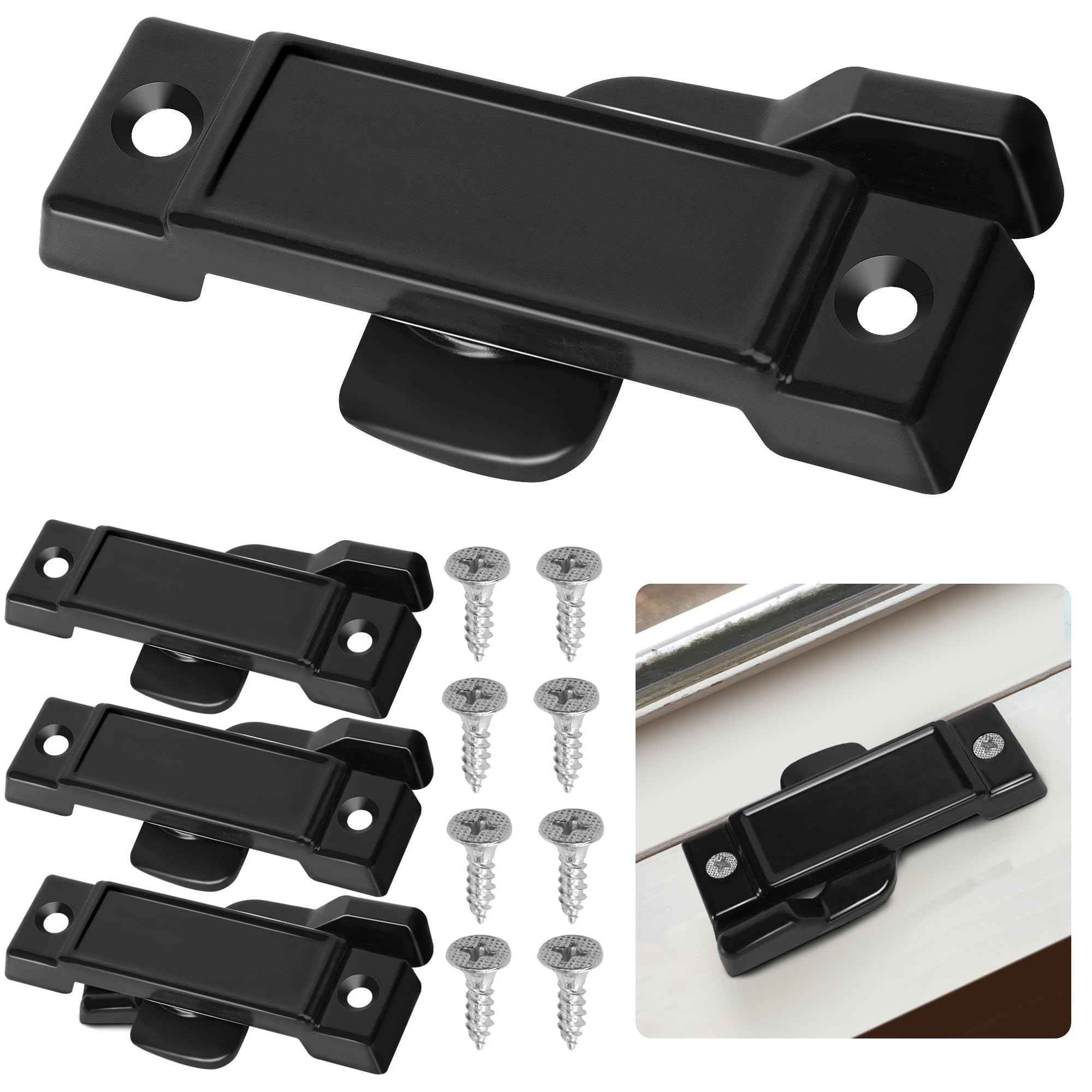 4-teiliges Fensterverriegelungsset F2590 – 2-1/4-zoll-befestigungslöcher, Mittige Fensterverriegelungen Mit Schrauben – Schwarze Fensterverriegelungen Für Vertikale Schiebefenster