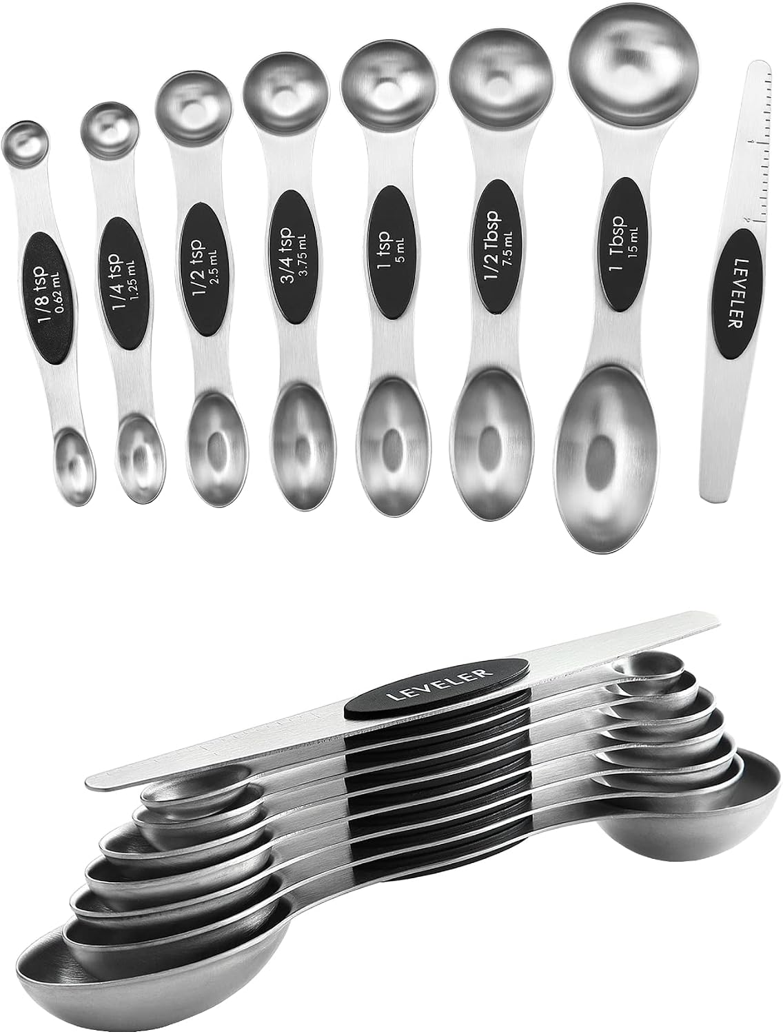 2 Sets × 8-teilige Magnetische Messlöffel Aus Edelstahl – Doppelseitig Mit Abstreifer, Stapelbar Zum Backen Und Kochen – Schwarz