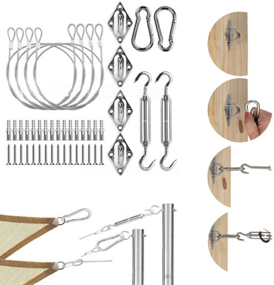 Sonnensegel-montageset – Edelstahl – Für Dreieckige/quadratische/rechteckige Segel – Ösenplatten & Spanner