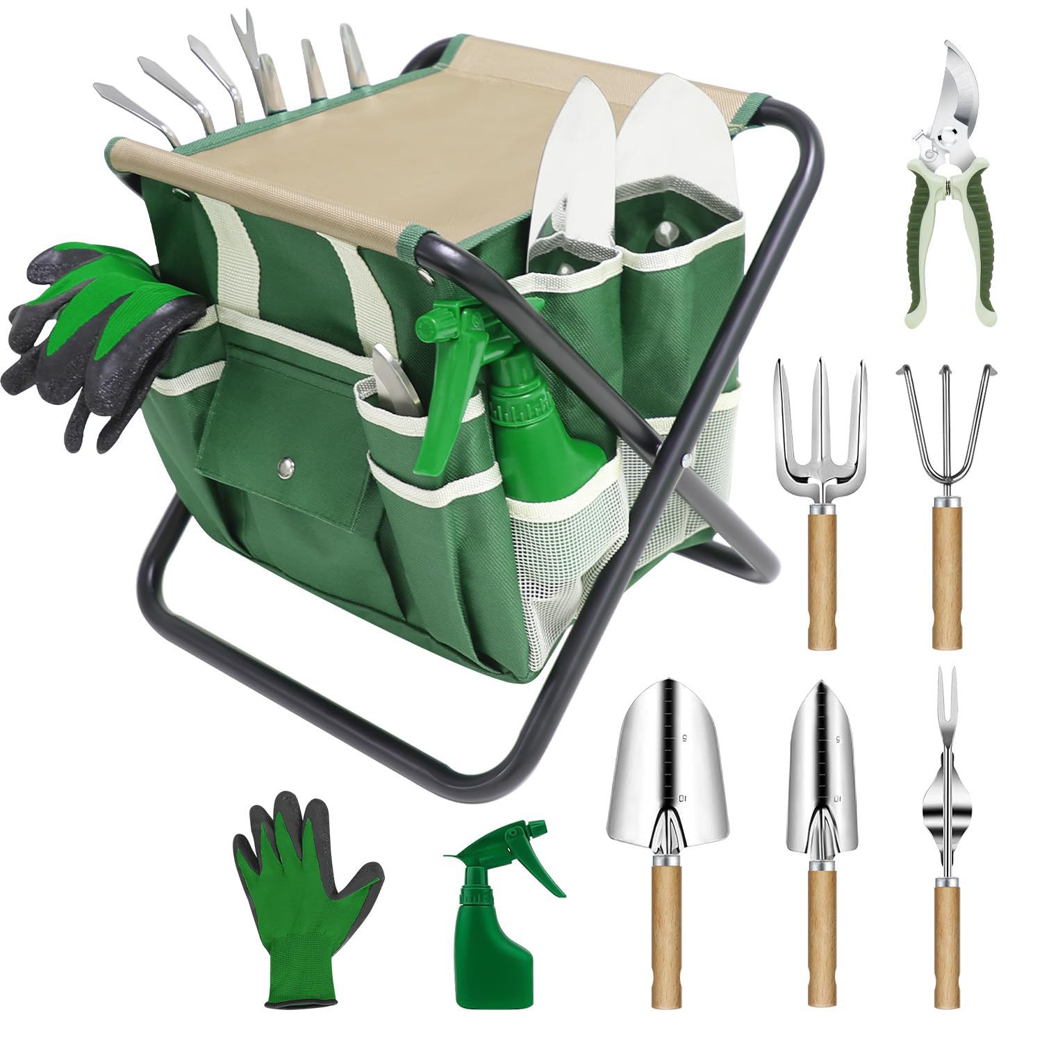Gartenset, 10-teilig, Inklusive Stabilem Klapphocker Und Abnehmbarer Aufbewahrungstasche.