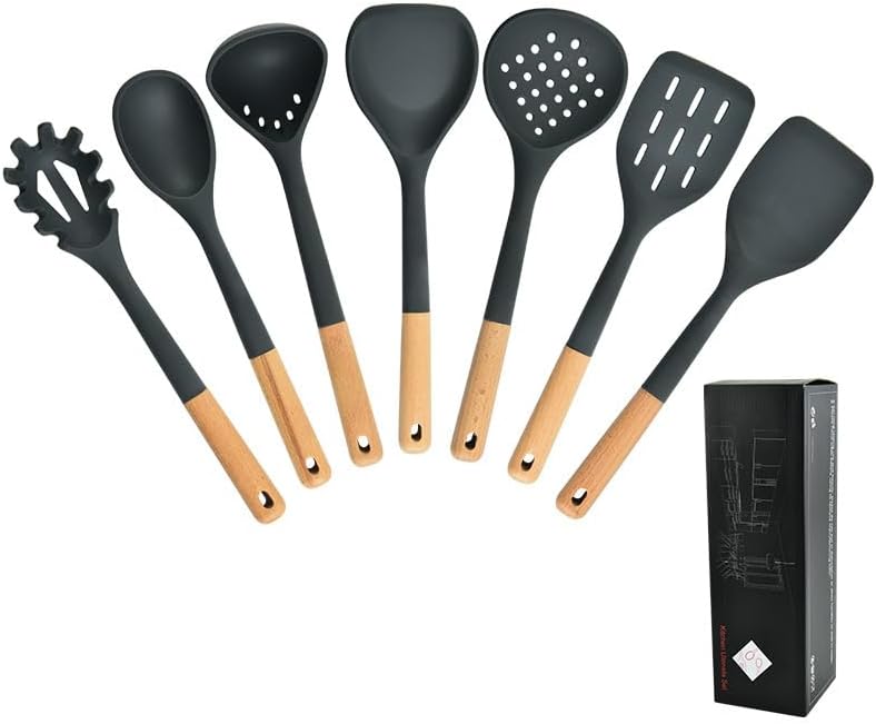 Küchenutensilien Aus Silikon Mit Holzgriff, 7-teiliges Backset, Bestehend Aus Silikonspatel, Schaumlöffel Und Bratpfannenwender
