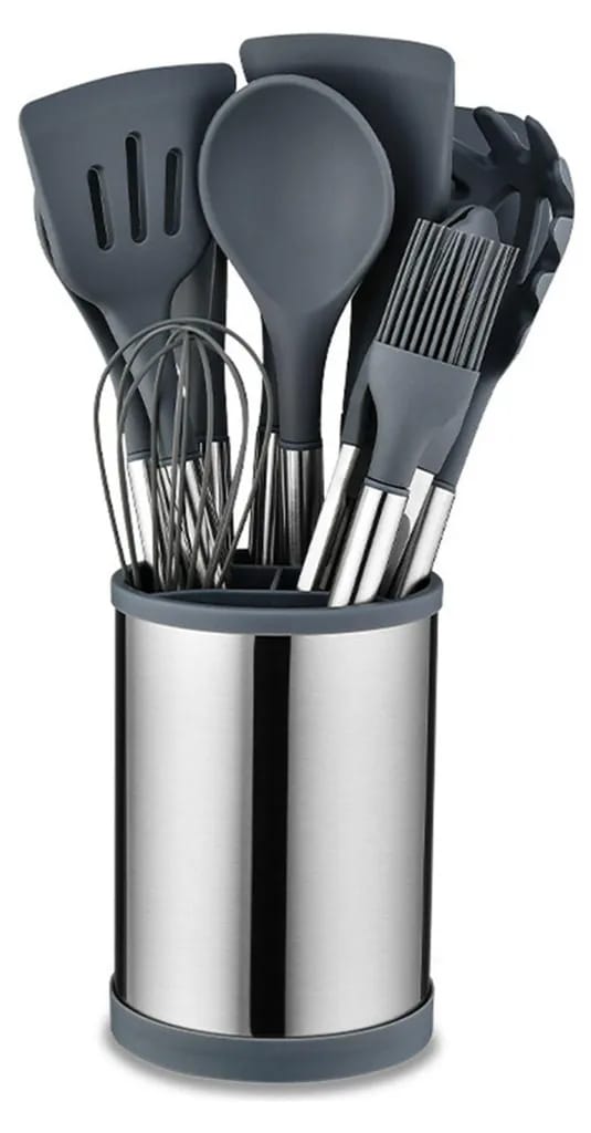Küchengeschirr-set Aus Edelstahl Und Silikon, 22-teilig, Mit Drehbarem Aufbewahrungsbehälter, Grau.