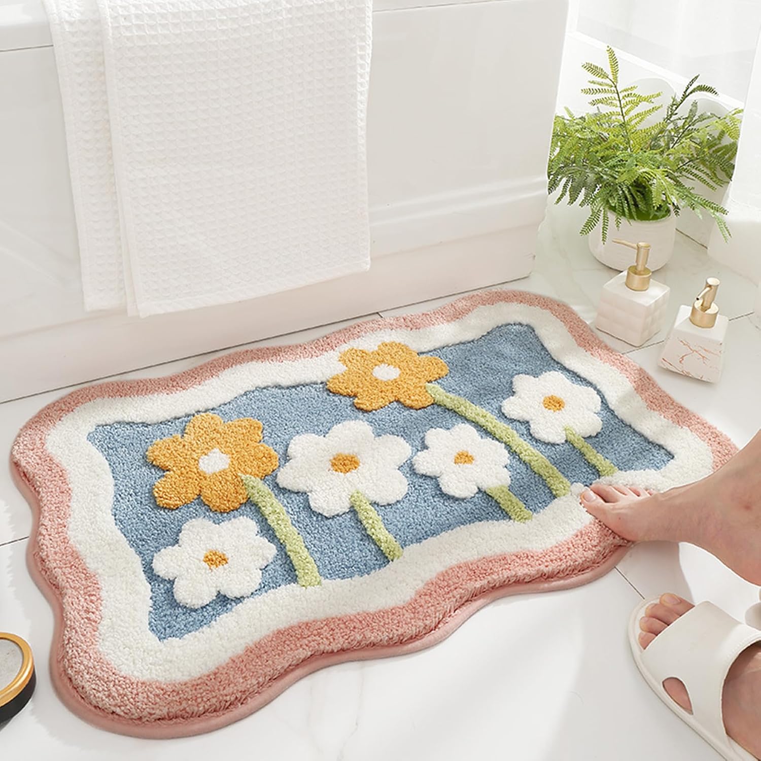 Rutschfeste Badematte 50 X 80 Cm, 3d-blumen-badematte, Mikrofaser-badeteppich, Super Saugfähig, Weiche Duschmatte, Maschinenwaschbar