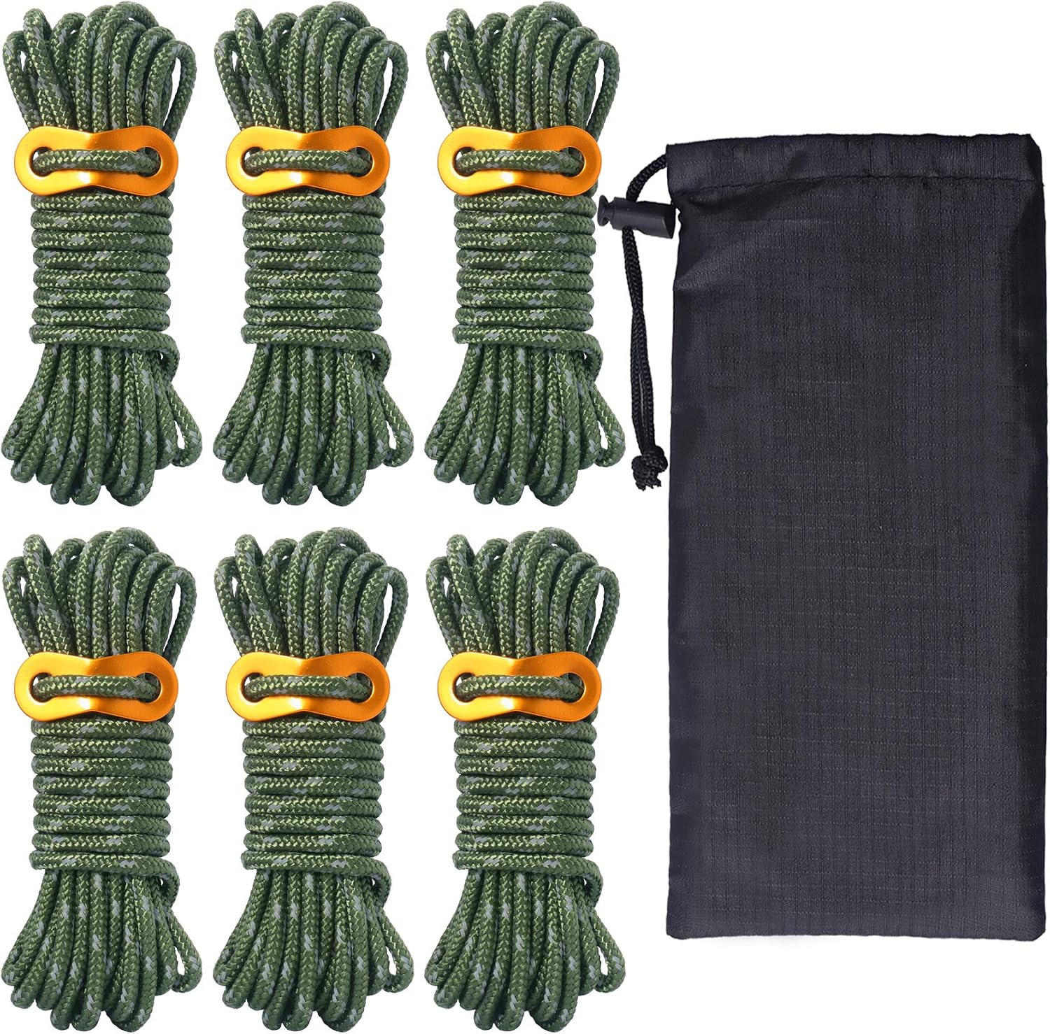 6er-pack Zeltleinen Für Den Außenbereich, Leichte Campingleinen, 5 Mm X 4 M Aluminium-seilspanner Und -beutel, Planen, Markisen, Wandern, Trekking, Militärgrün