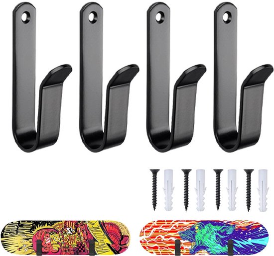 Skateboard-wandhalterung, 4-teiliges Set, Metall, 3 Mm Dick, Einzelhaken, Tragkraft 25 Kg, Inklusive Schrauben, Schwarz, 99 X 61 X 41,5 Mm, 4 Stück