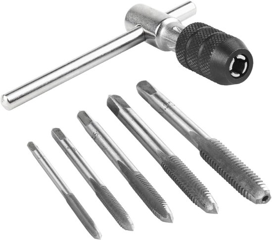 Ein 6-teiliges Set Metrischer Handgewindebohrer Und Schraubenschlüssel Mit T-gelenken, Geeignet Für Gewindebohrer Der Größen M3, M4, M5, M6 Und M8.