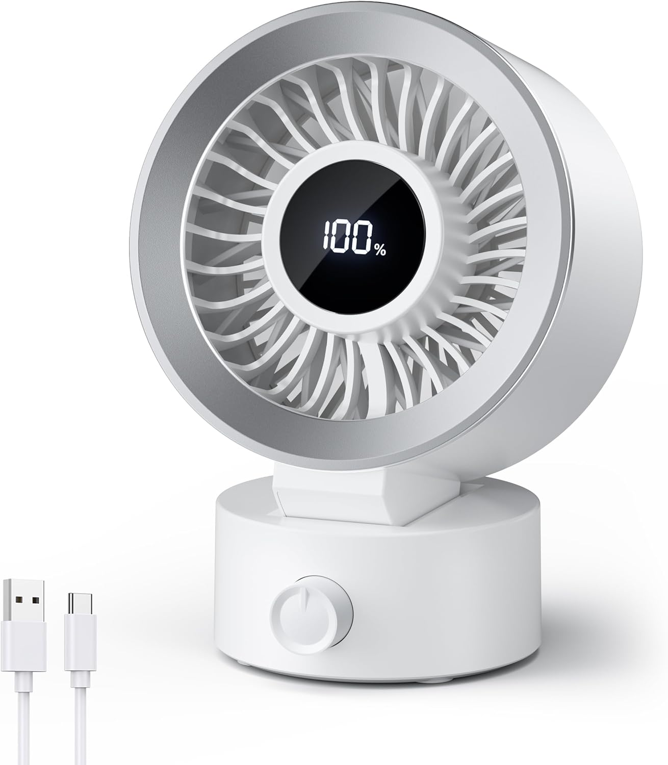 Kleiner Tischventilator – Wiederaufladbarer 1200-mah-akku – Usb-anschluss – Digitalanzeige – 100 Geschwindigkeitsstufen – 30° Neigbar – Weiß
