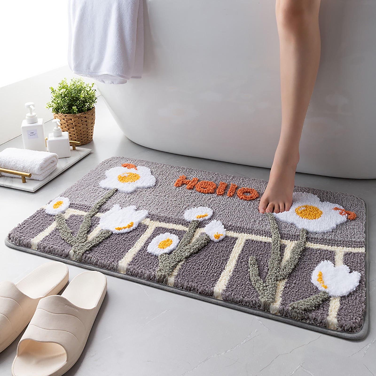 Superweiche, Beflockte Grüne Badematte, Saugfähig Und Rutschfest, Dicker Mikrofaser-langflorteppich, Niedliches Pflanzenmuster, Maschinenwaschbar, Für Badewanne Und Dusche