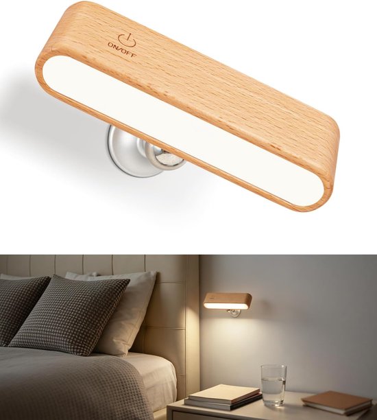 Led-wandleuchte Aus Holz, Magnetisch, 360° Drehbar, Nacht- Und Leselicht, Akkubetrieben, Für Schlaf- Und Wohnzimmer, Naturholzfarbe
