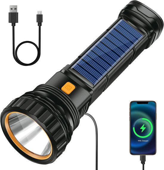 Solar- Und Usb-wiederaufladbare Led-notfalltaschenlampe (1200mah), Wasserdichte Taschenlampe Mit 3 Modi Für Den Außeneinsatz.
