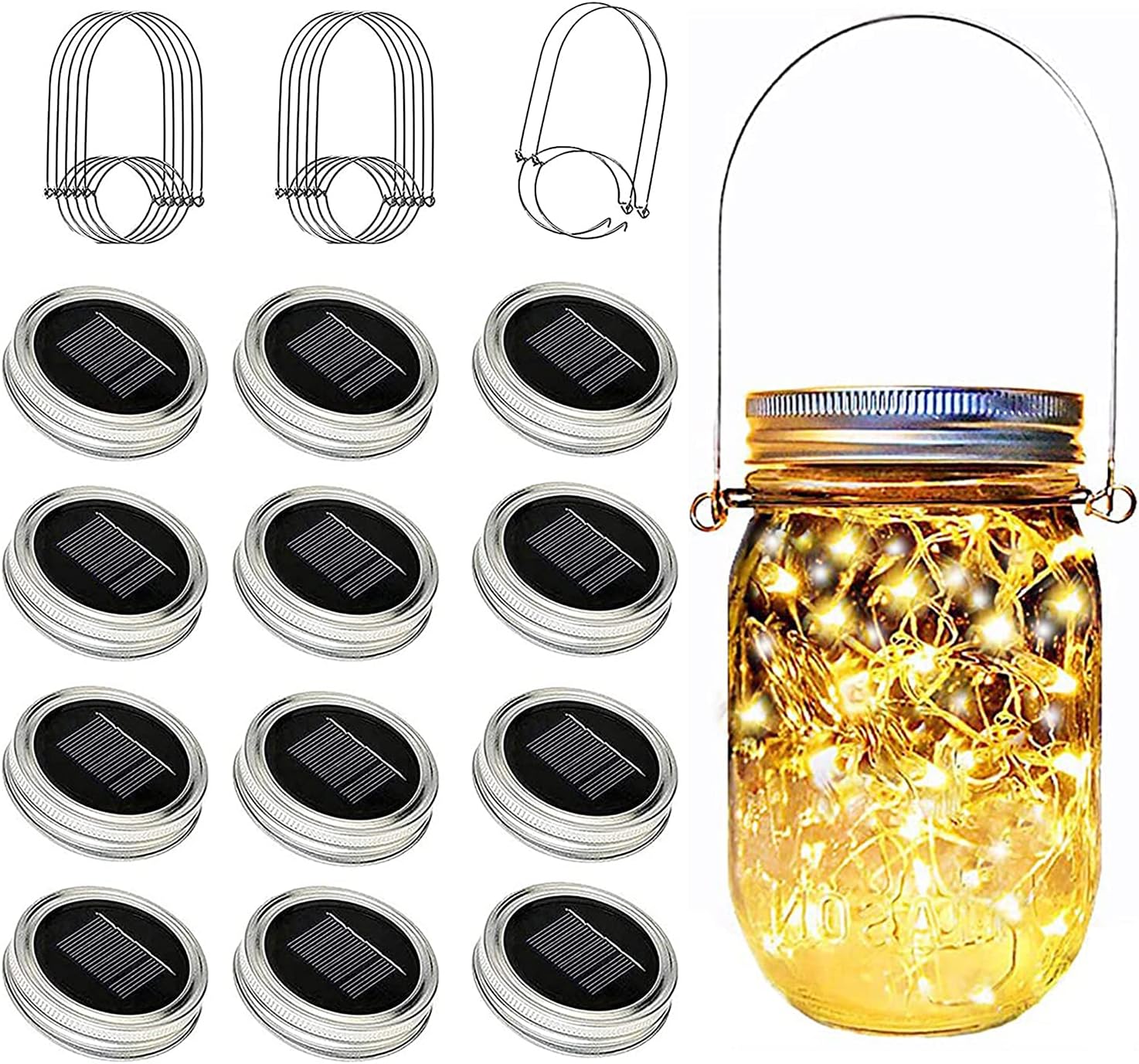12-teiliges Solar-lichterset Für Einmachglasdeckel – 20 Leds – Wasserdicht – Mit Aufhängehaken – Stimmungsbeleuchtung Für Den Außenbereich, Einmachgläser Nicht Enthalten