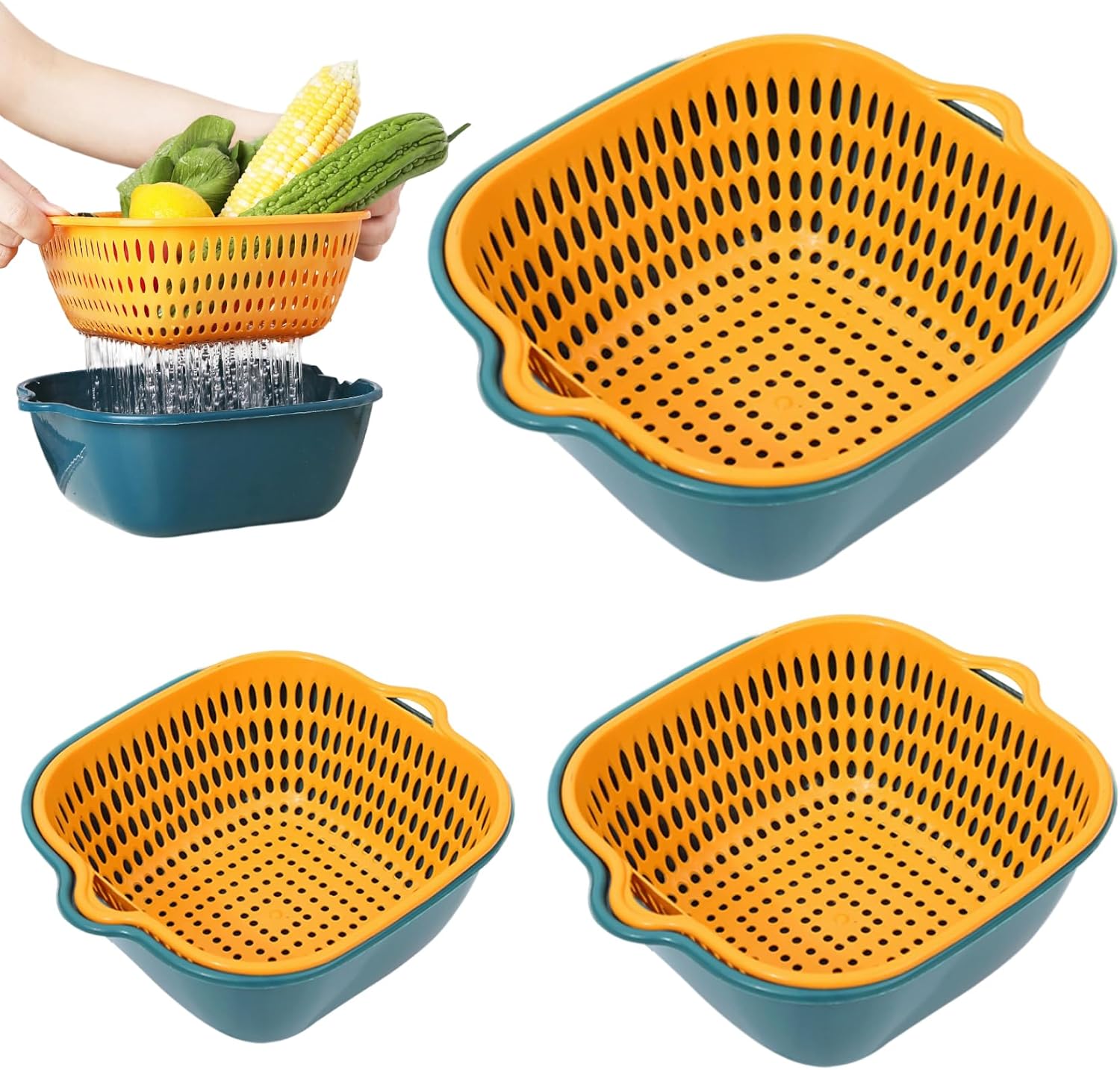Wasserfilterschüssel-set, 3 Fruchtfilter, 3 Waschschüsseln, Doppelwandiger Kunststoff, Verschiedene Größen, Zum Waschen Von Obst Und Gemüse