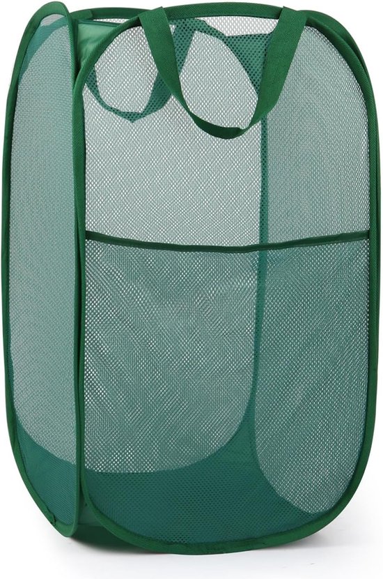 Grüner, Vertikaler, Faltbarer Wäschekorb Mit Ausklappmechanismus, Maße 36×36×58 Cm, Mit Griff Und Seitentaschen.