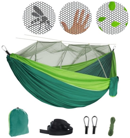 Camping-hängematte Mit Moskitonetz, Karabinern Und Gurten, 200 Kg, 260 X 140 Cm, Atmungsaktives Fallschirmseiden-nylon