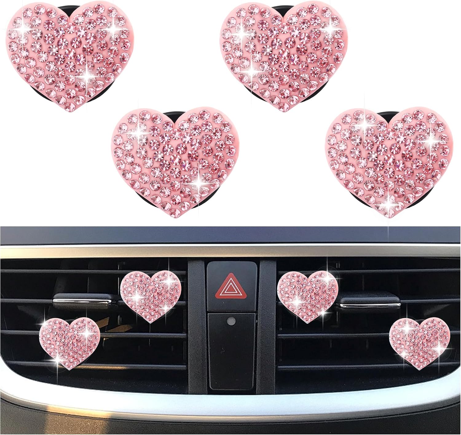 Vier Herzförmige Lüftungsschlitzclips Mit Strasssteinen, Passend Für Limousinen, Lkws Und Suvs, In Pink