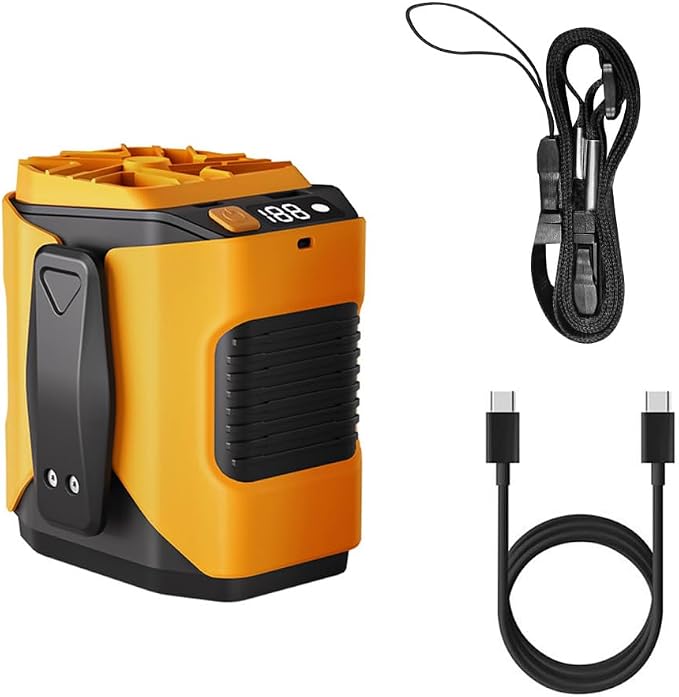Oranger Tragbarer Nackenventilator Mit Einstellbarer Geschwindigkeit, Taschenlampe, Digitalanzeige Und Usb-ladefunktion.