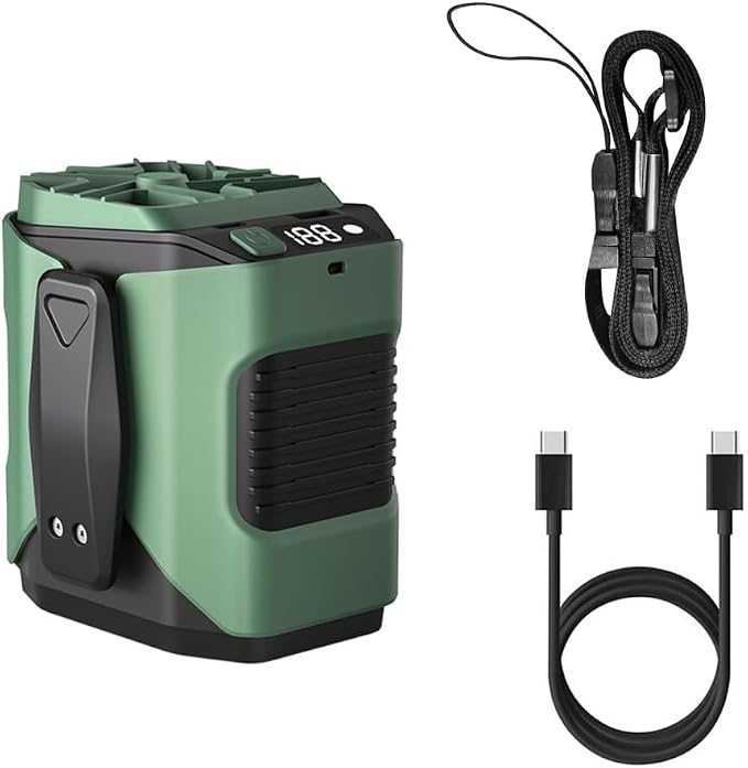 Grüner Tragbarer Hüftventilator, Verstellbare Geschwindigkeit, Tragbarer Nackenventilator Mit Taschenlampe, Digitalanzeige, Usb-ladefunktion.